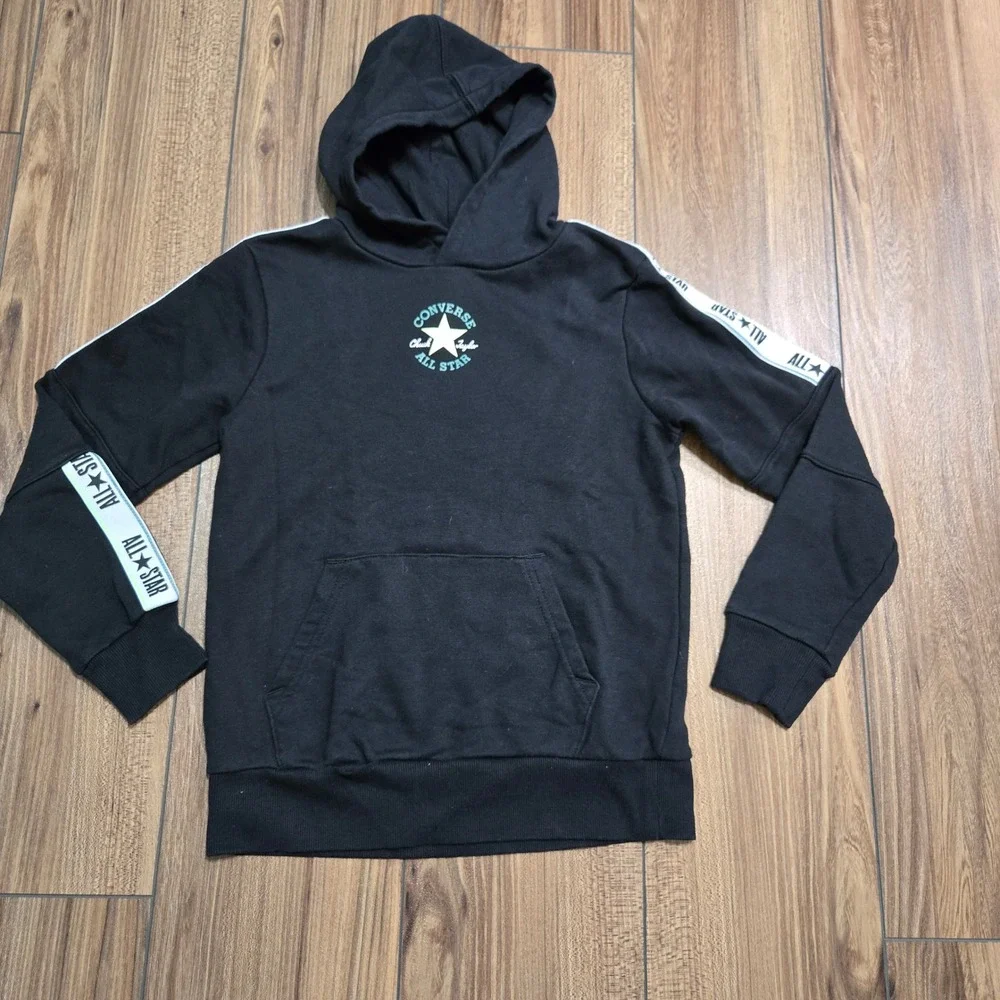 Converse All Star Kids Black Pullover Hoodie Chuck Taylor Logo Tape Size M 10-12